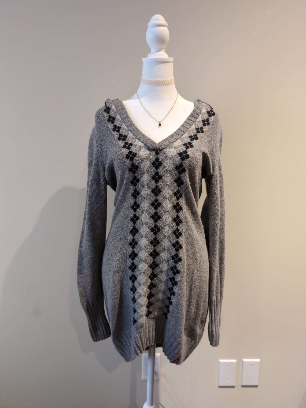 Y2K EDC by Esprit Grey Argyle Hooded Knit Sweater Dress